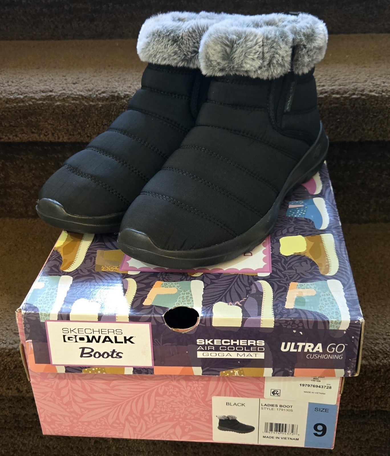 Skechers Womens Size 9 Boots Go Walk Air Cooled Goga Mat Black Walking Faux Fur - Bellso